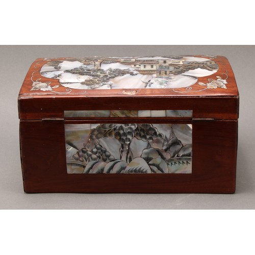 1397 - A Chinese hardwood and mother of pearl marquetry domed rectangular box, hinged cover profusely inlai... 