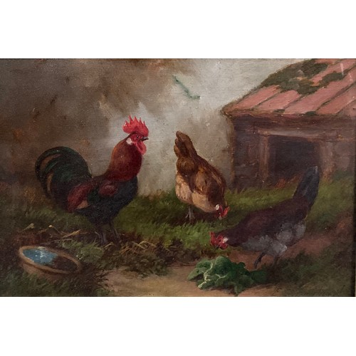 1007 - E. S. England (British, fl. 1890-1910)
Cockerel and Hens
signed, oil on canvas, 25cm x 35cm