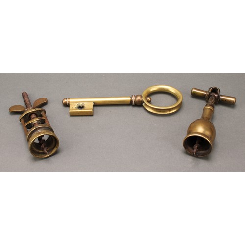 2119 - Helixophilia - a 19th century brass novelty direct-pull corkscrew, as a key, steel worm, the ward pi... 