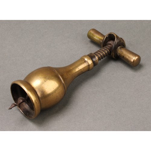 2119 - Helixophilia - a 19th century brass novelty direct-pull corkscrew, as a key, steel worm, the ward pi... 