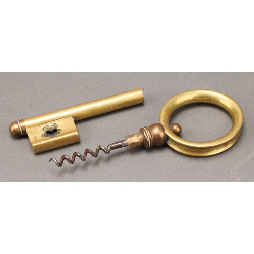 2119 - Helixophilia - a 19th century brass novelty direct-pull corkscrew, as a key, steel worm, the ward pi... 