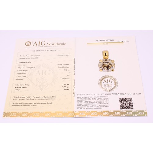 574 - A diamond pendant, round brilliant cut certified diamond 1.02ct, colour J, clarity SI2, with AGI gem... 