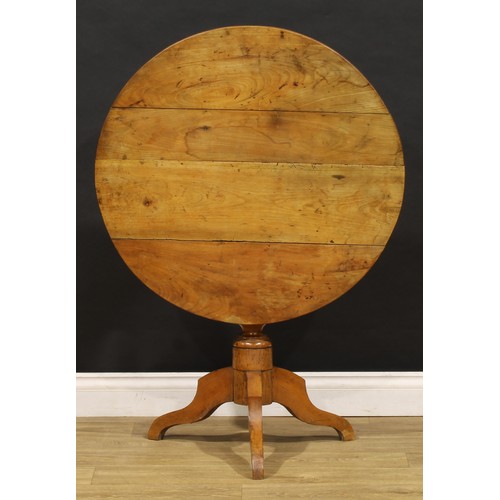 1592 - A 19th century fruitwood tripod occasional table, circular tilting top, turned pillar, shaped downsw... 