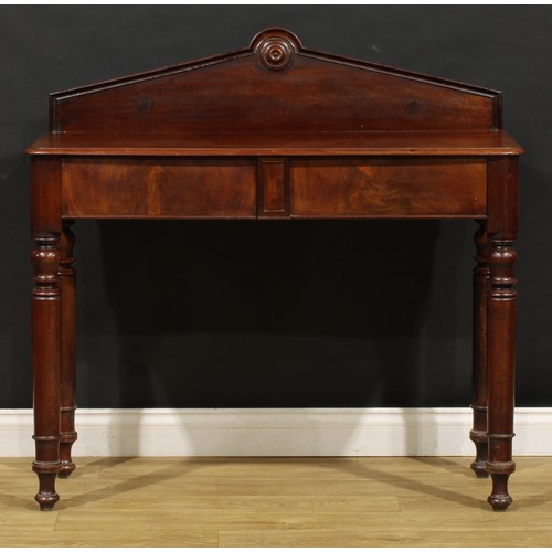 1795 - A William IV mahogany pier or side table, pointed arched back centred by a draught-turned roundel, m... 