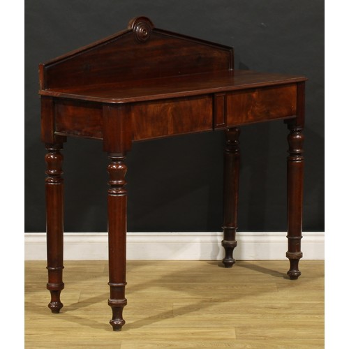 1795 - A William IV mahogany pier or side table, pointed arched back centred by a draught-turned roundel, m... 