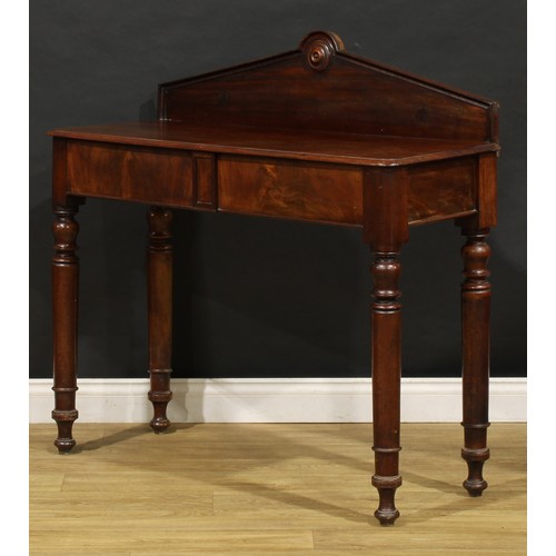 1795 - A William IV mahogany pier or side table, pointed arched back centred by a draught-turned roundel, m... 