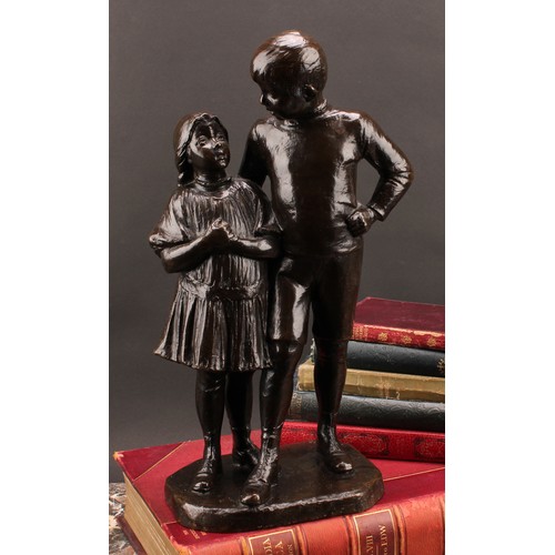 1971 - Robert Cauer (German 1863-1947), a dark patinated bronze, Little Sister, the figures standing, she w... 