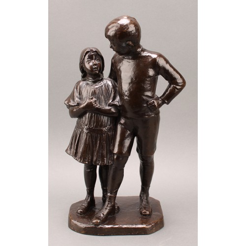 1971 - Robert Cauer (German 1863-1947), a dark patinated bronze, Little Sister, the figures standing, she w... 