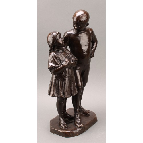 1971 - Robert Cauer (German 1863-1947), a dark patinated bronze, Little Sister, the figures standing, she w... 