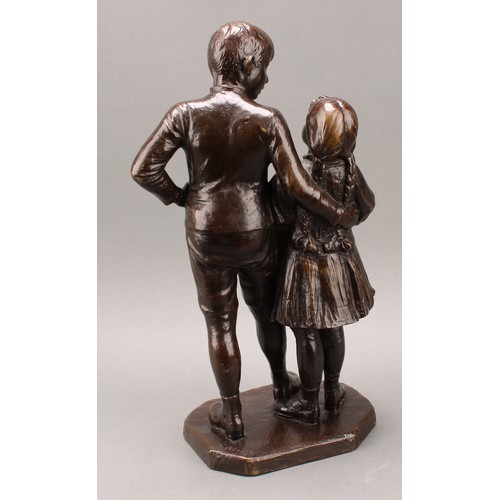 1971 - Robert Cauer (German 1863-1947), a dark patinated bronze, Little Sister, the figures standing, she w... 