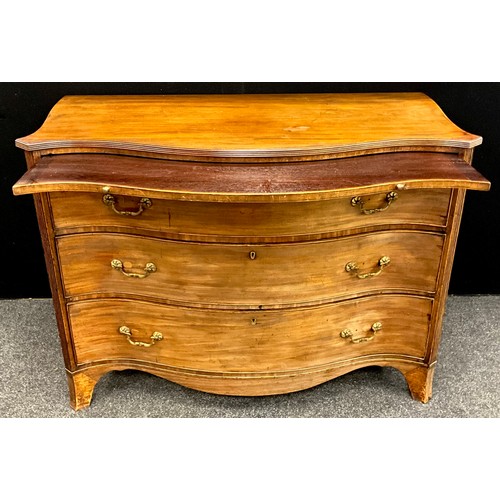 1775 - A George III mahogany serpentine chest of drawers, reeded frieze, brush slide to top, above three gr... 