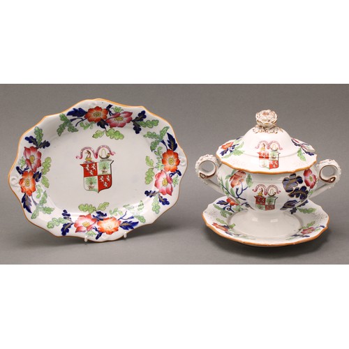 1256 - A 19th century ironstone armorial sauce tureen and meat plate, decorated with the arms of Lowithian ... 