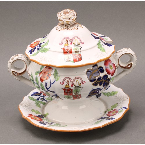 1256 - A 19th century ironstone armorial sauce tureen and meat plate, decorated with the arms of Lowithian ... 