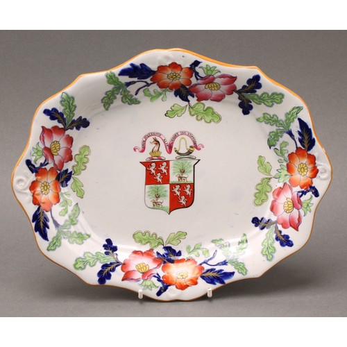 1256 - A 19th century ironstone armorial sauce tureen and meat plate, decorated with the arms of Lowithian ... 