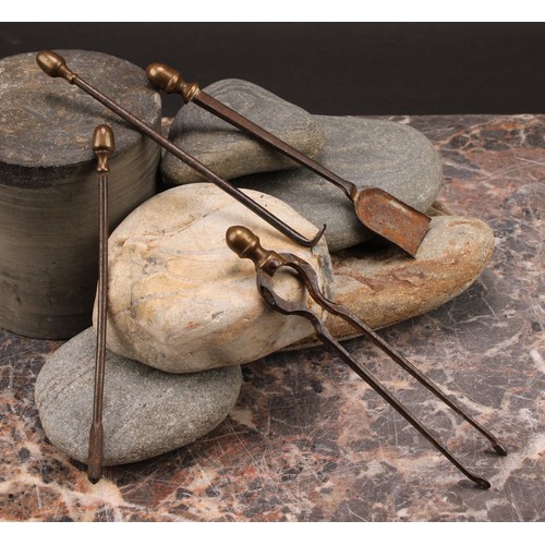 1499 - A set of 19th century steel and brass doll's house fire irons, the tongs 12cm long