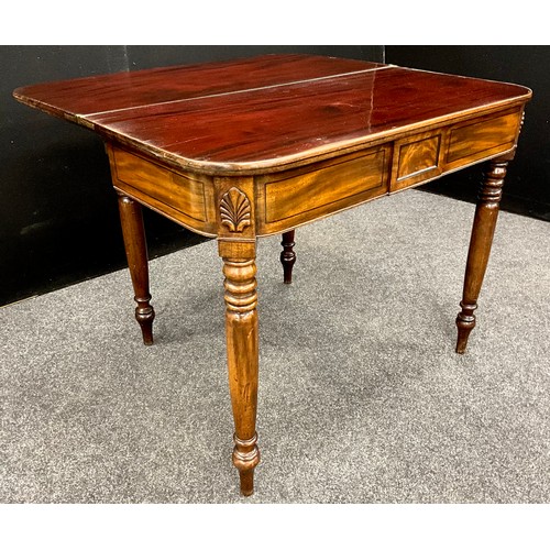 2136 - A Regency mahogany fold-over tea-table, in the manner of Gillows of Lancaster, ebony stringing to th... 