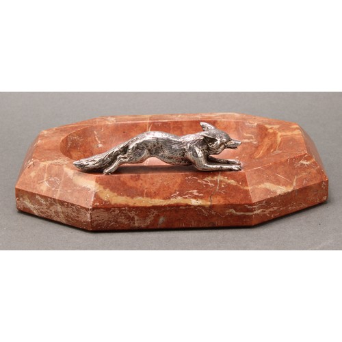 1885 - An early 20th century marble dish or vide poche, surmounted by a silvered model of a fox, running, 1... 