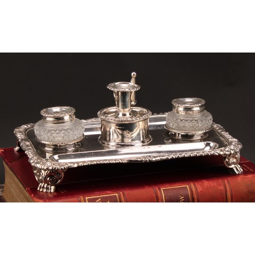 189 - Matthew Boulton - a large George IV silver rounded rectangular inkstand, central cylindrical wafer b... 