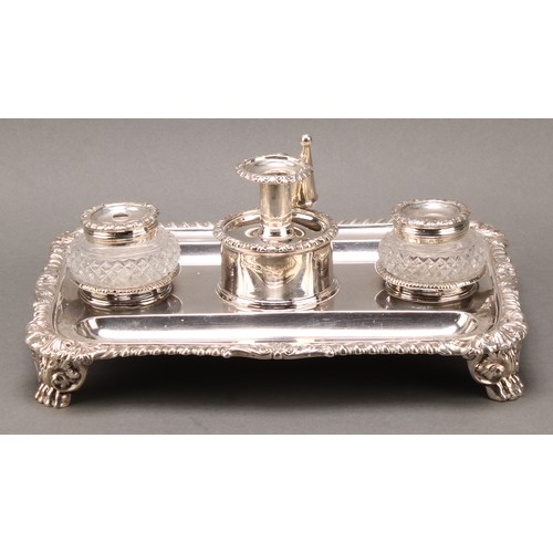 189 - Matthew Boulton - a large George IV silver rounded rectangular inkstand, central cylindrical wafer b... 