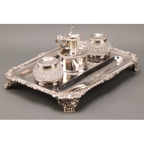 189 - Matthew Boulton - a large George IV silver rounded rectangular inkstand, central cylindrical wafer b... 