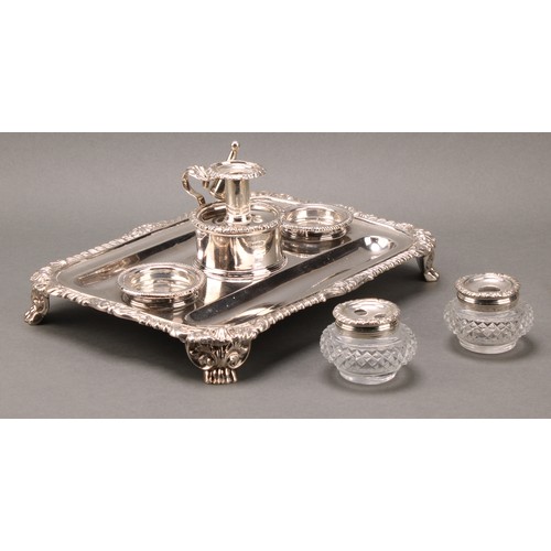 189 - Matthew Boulton - a large George IV silver rounded rectangular inkstand, central cylindrical wafer b... 