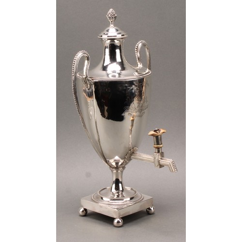 131 - A George III silver pedestal coffee urn, bud finial, beaded borders, square base, ball feet, 37cm hi... 