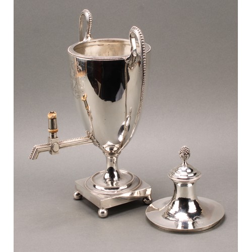 131 - A George III silver pedestal coffee urn, bud finial, beaded borders, square base, ball feet, 37cm hi... 