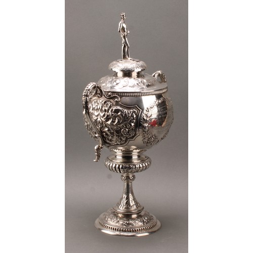 429 - A substantial Victorian silver two-handled pedestal trophy cup and cover, of military interest, surm... 