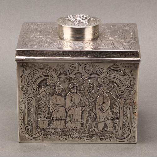 134 - A George III silver rectangular tea caddy, chased overall in the chinoiserie taste with Chinese figu... 