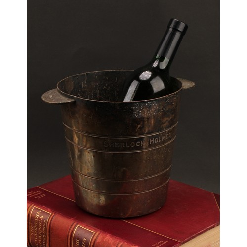 51 - An Art Deco E.P.N.S ice bucket or wine cooler, engraved with faux coopered bands and inscribed Sherl... 