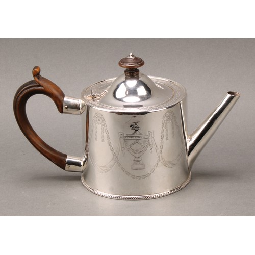 70 - A George III silver drum teapot, bright-cut engraved in the Neo-Classical taste with urns, swags and... 