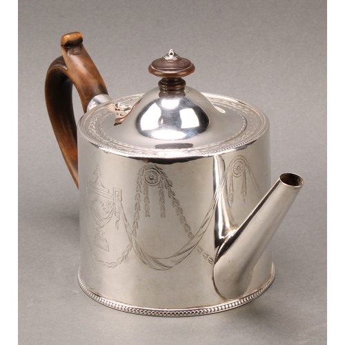 70 - A George III silver drum teapot, bright-cut engraved in the Neo-Classical taste with urns, swags and... 