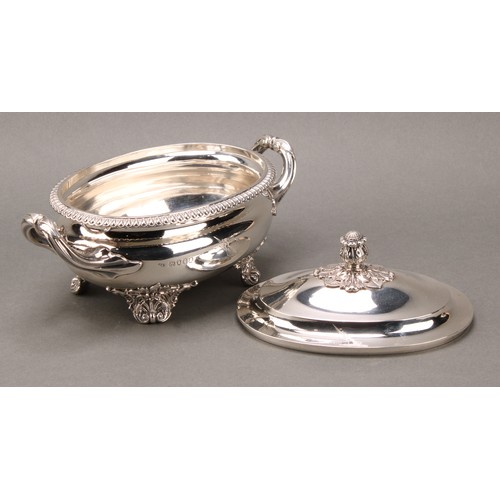 298 - Paul Storr - a pair of George IV silver oval sauce tureens and covers, acanthus bud finials, gadroon... 