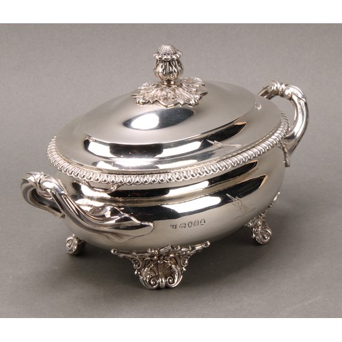 298 - Paul Storr - a pair of George IV silver oval sauce tureens and covers, acanthus bud finials, gadroon... 