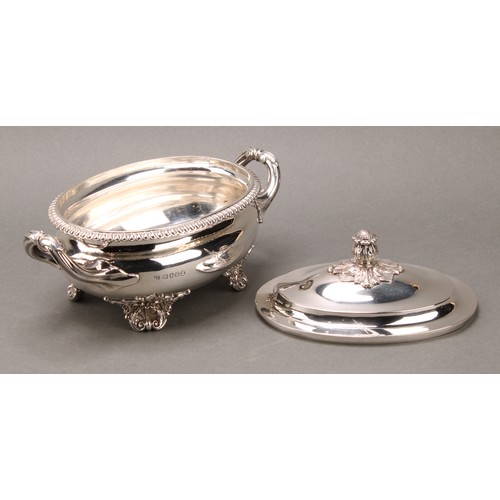 298 - Paul Storr - a pair of George IV silver oval sauce tureens and covers, acanthus bud finials, gadroon... 