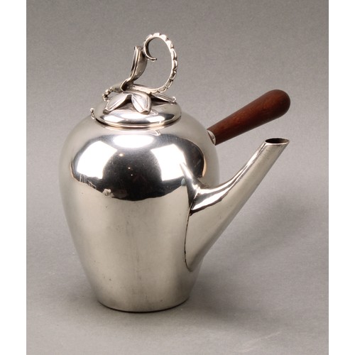 145 - A Mexican Arts and Crafts silver side-handled cafe au lait pot, in the manner of Georg Jensen, bud f... 