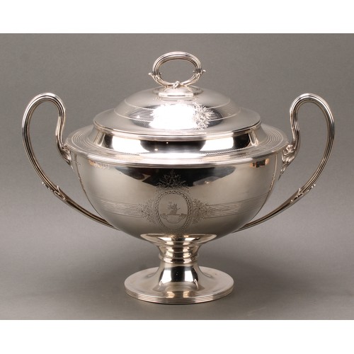 278 - A Victorian silver pedestal soup tureen and cover, bright-cut engraved and outlined throughout with ... 