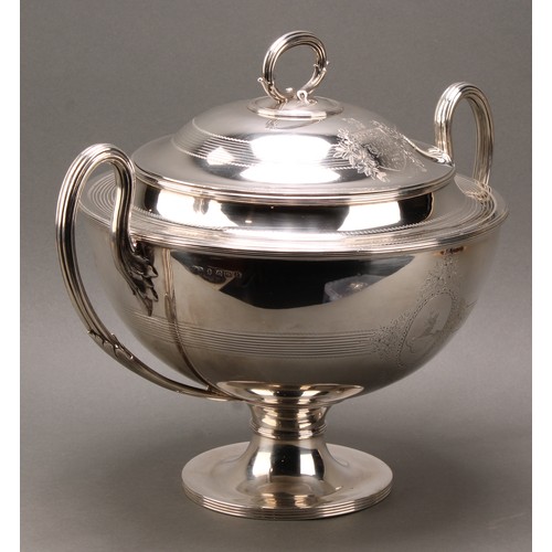 278 - A Victorian silver pedestal soup tureen and cover, bright-cut engraved and outlined throughout with ... 