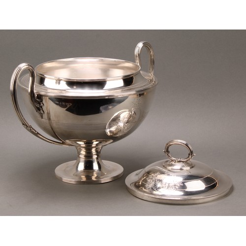 278 - A Victorian silver pedestal soup tureen and cover, bright-cut engraved and outlined throughout with ... 