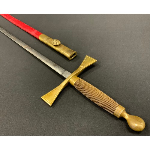 1768 - A Masonic sword, brass hilt, plain steel blade, red leather scabbard, 84cm long