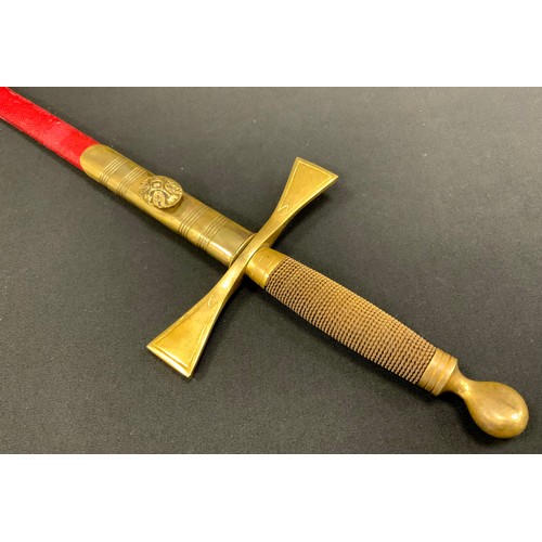 1768 - A Masonic sword, brass hilt, plain steel blade, red leather scabbard, 84cm long