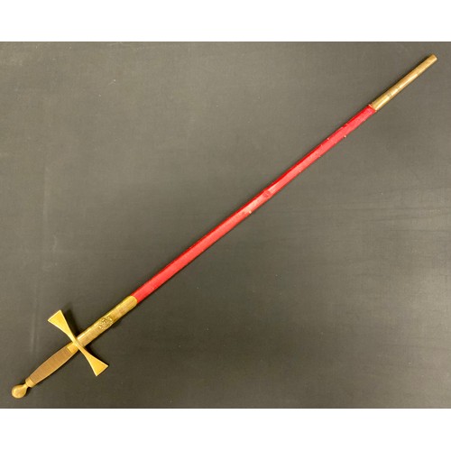 1768 - A Masonic sword, brass hilt, plain steel blade, red leather scabbard, 84cm long