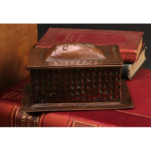 1880 - An Arts and Crafts copper cigarette box, planished overall, hinged sarcophagus cover repousse emboss... 