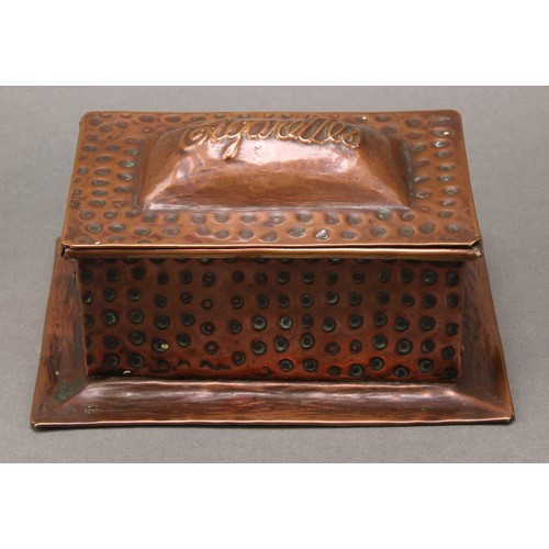 1880 - An Arts and Crafts copper cigarette box, planished overall, hinged sarcophagus cover repousse emboss... 