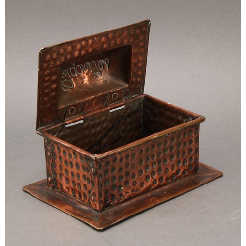 1880 - An Arts and Crafts copper cigarette box, planished overall, hinged sarcophagus cover repousse emboss... 