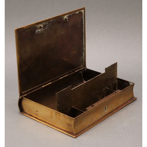 1511 - A 19th century brass novelty writing companion box, as a book, hinged cover enclosing a fitted compa... 