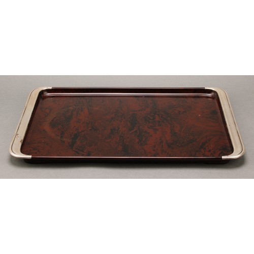 92 - A German Art Deco silver mounted bakelite tray, 35.5cm wide, habmond und krone mark, c.1935