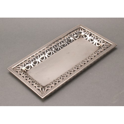 417 - A Spanish silver rectangular spoon tray or candle snuffer stand, pierced border chased with palmette... 