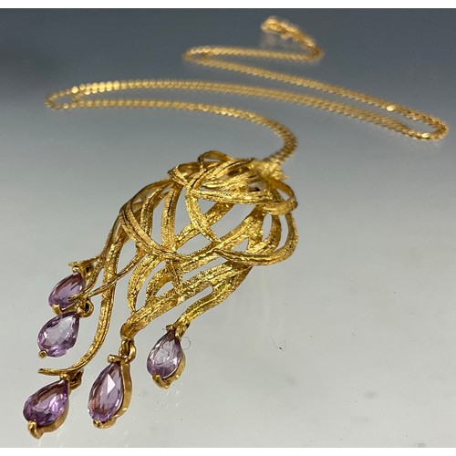 684 - An amethyst floral pendant necklace, unmarked intertwined floral pendant with five pale navette amet... 