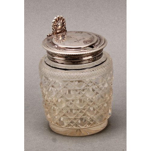 318 - A Victorian silver mounted hobnail-cut glass mustard, hinged cover with scallop shell thumbpiece, st... 